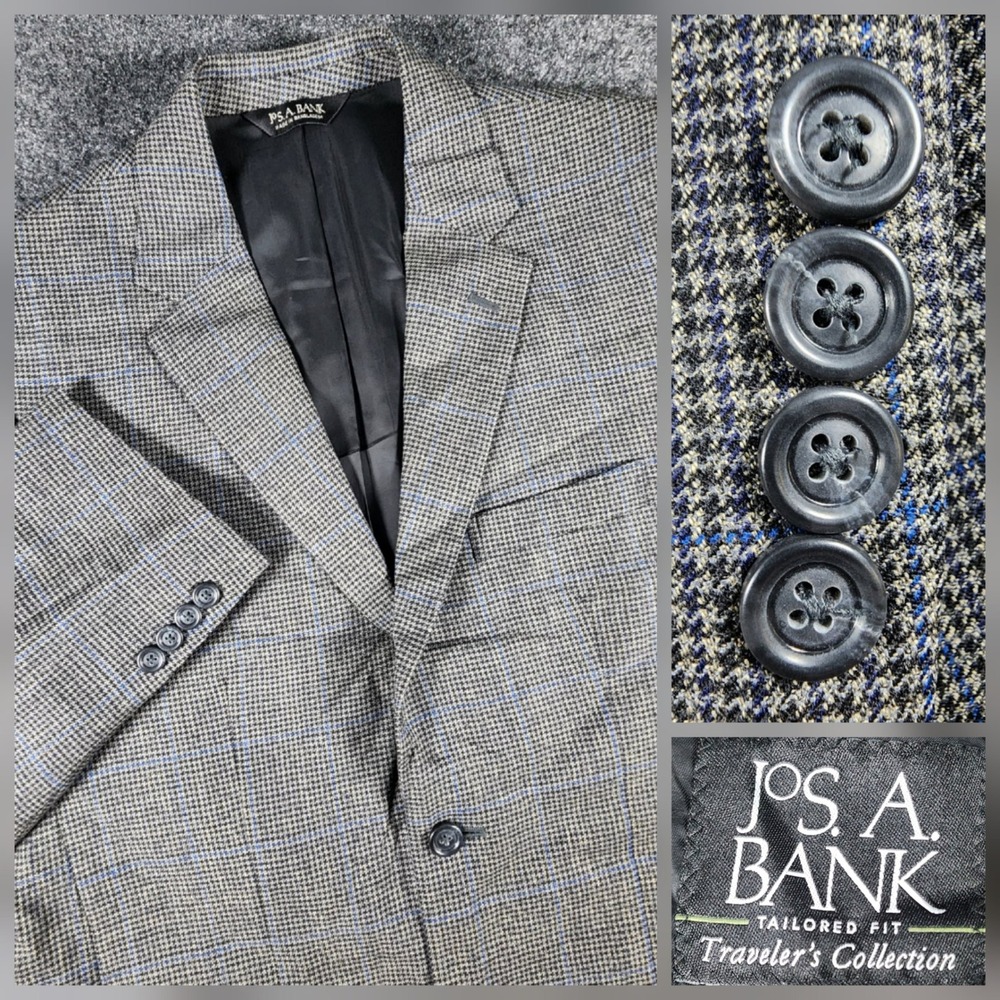 Jos.‎ A. Bank Traveler's Collection Wool Blazer Mens 40R Grey Windowpane EUC